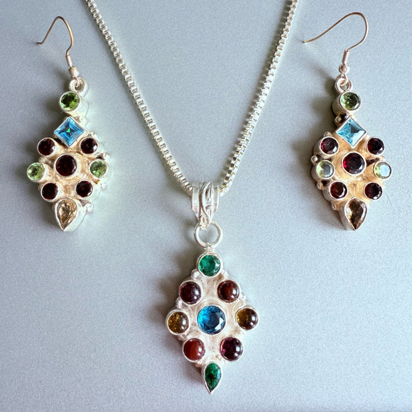 Unbranded Jewelry - Multi Color Gemstones Sterling Silver Rhombus Boho Dangle Earrings, Neck…